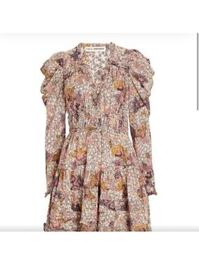 Ulla Johnson Julie Pink Floral Smocked Waist Tiered Dress, size 4